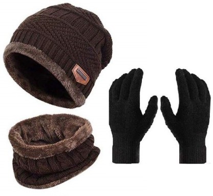 Winter Knit Beanie Hat Neck Warmer Scarf and Touch Screen Gloves Set Fleece Lined Skull Cap for Men Women 