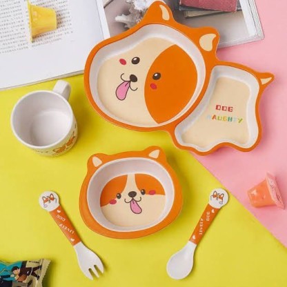 5 Piece Bamboo Fiber Innovative Safe Eco-Friendly Cartoon Rice Bowl Baby Dishes Plate Sets Toddler Cutlery Gift Tableware For Boys And Girls SUPERLOVE Childrens Tableware Set 