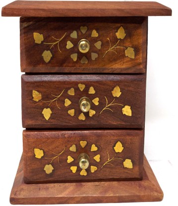 Jewelery Box Gift Handmade Wooden & Ceramic Small Chest Of 4 Decorated Drawers 