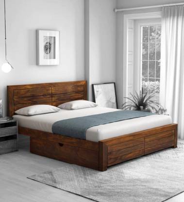 Allie Wood Solid King Size Bed With Storage In Provincial Teak Finish Drawer India Allie Wood Solid King Size Bed, Solid Wood King Size Bed With Storage