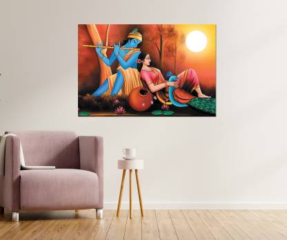 Masstone Radha Krishna Love Religious Sparkle Coated Self Adhesive Painting Without Frame Digital Reprint 24 inch x 36 inch Painting