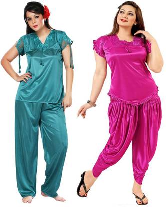 Women Light Green, Pink Night Suit Set
