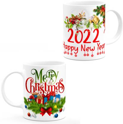 Christmas Tea 2022 Art Store Merry Christmas And 2022 Happy New Year Gifts And Bells Printed  White Ceramic Tea