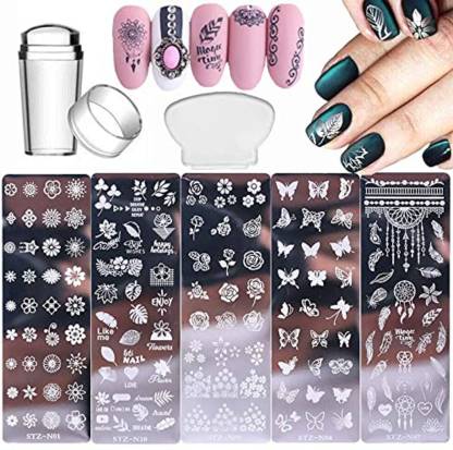 Trendy Club Nail Stamp Plates Set 5 Pcs Nail Stamping Plates + 1 Stamper +  1 Scraper Butterfly Flower Feather Nail Plate Template for Women Nail Art  Decoration Manicure Template - Price