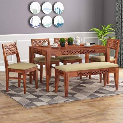 Bench Solid Wood 6 Seater Dining Set, Sheesham Dining Table And 6 Chairs