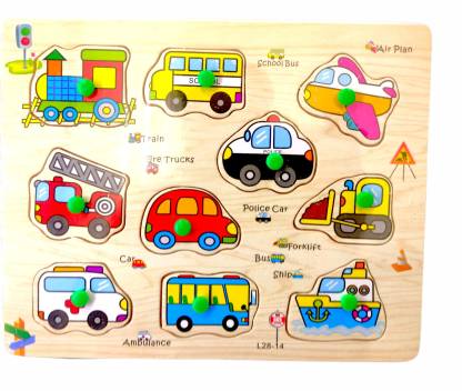 RVM Toys Wooden Puzzle Board Of Transportation Toys Vehicles Bus Train  Plane Police Car Fire Truck Transport Ambulance Ship Educational Puzzle  Tray With Knob For Kids Above 2 3 Years - Wooden