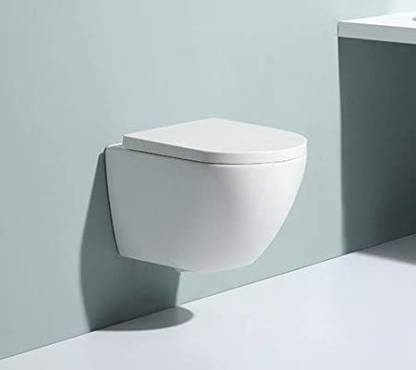 Ceramic Commode Wall Mount/Wall Hung Toilet/Commode/Water Closet/EWC/WC/European Commode for Bathrooms P Trap Outlet is from Wall with Close Seat Cover in White Color Western Commode Price in India -