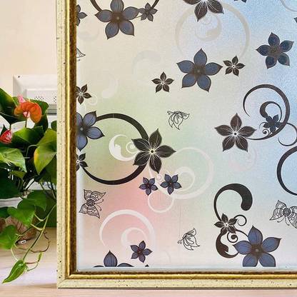 A1 Decor Window Film Sticker-Blue & Black Flower-12x24 Inch Small Self Adhesive Sticker