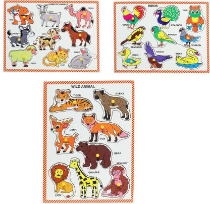 Ashmi Wooden Non-toxic Combo Domestic Wild Animals & Birds Pictures with  Knobs pegged Pack of