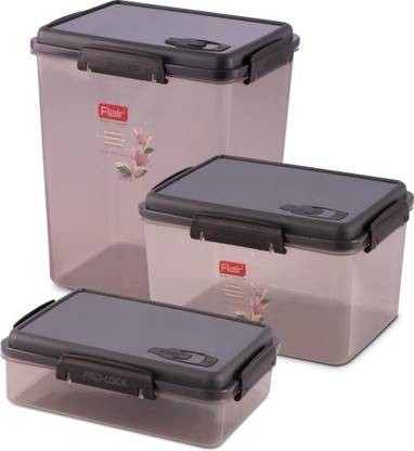 FLAIR PRO LOCK 4 SIDE LOCK RECT CONTAINER SET OF-3 1000/2600/4000ML – 7600 ml Plastic Grocery Container  (Pack of 3, Grey)