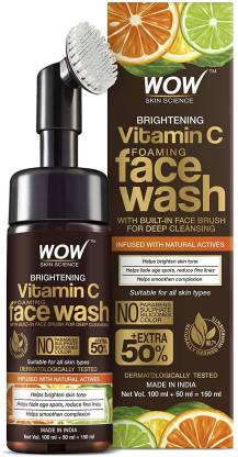 WOW SKIN SCIENCE Brightening Vitamin C Foaming  with Built-In Face Brush for deep cleansing - No Parabens, Sulphate, Silicones & Color - 150 ml Face Wash