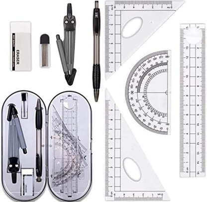 Compass Geometry Maths Set Ruler Protractor 15cm Ruler Eraser Set squares 