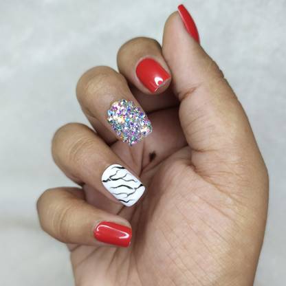 The Nailzstation Glossy Red Marble Studded Fake Nails Artificial Nails Press On Gel Nails In Square With Nail Application Kit Pack Of 12 Price In India Buy The Nailzstation Glossy