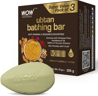WOW SKIN SCIENCE Ubtan Bathing Bar – Anti-Tanning – with Chickpea flour,Sandalwood Oil, Saffron & Turmeric Extract – Skin-Friendly with 5.5 pH – No Parabens, Mineral Oil, Phthalates, Sulphate – 225g  (3 x 75 g)