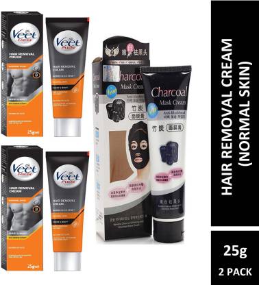 Veet Men Hair Removal Cream Normal Skin (2X25g) With Charcoal Mask (130g)  Pack of 3 Price in India - Buy Veet Men Hair Removal Cream Normal Skin  (2X25g) With Charcoal Mask (130g)