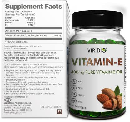 Viridio VITAMIN E -400mg Vitamin E Oil Softgels For Hair, Face And Immunity  Support. Price in India - Buy Viridio VITAMIN E -400mg Vitamin E Oil  Softgels For Hair, Face And Immunity