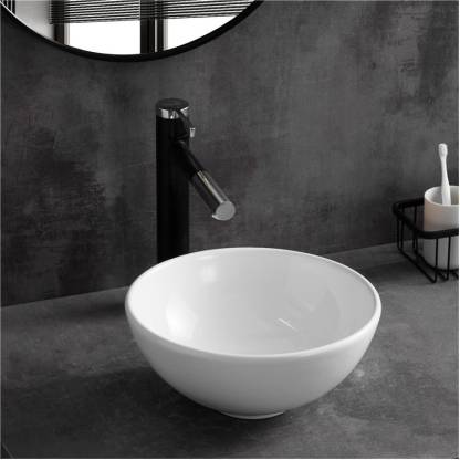Inart Table Top Premium Designer Round Ceramic Wash Basin Vessel Sink For Bathroom 11 X 4 7 Inch White Counter In India - Bathroom Vessel Sink Wash Tub