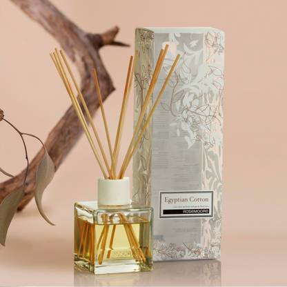 ROSeMOORe White Egyptian Cotton Scented Reed Diffuser for Living Room, Washroom, Bedroom, Office - 200 ML with 10 Reed Sticks Diffuser Set