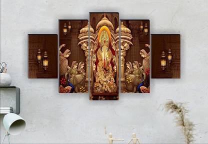 saf Ganesha UV textured Religious Panel Digital Reprint 30 inch x 18 inch Painting  (Without Frame, Pack of 5)