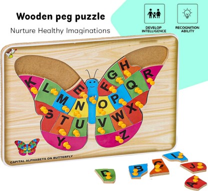 Wooden Peg Puzzle Board for Toddlers Early Learning Educational Wooden Peg Puzzles Jigsaw Toy for Children Boys Girls Learning Insect 