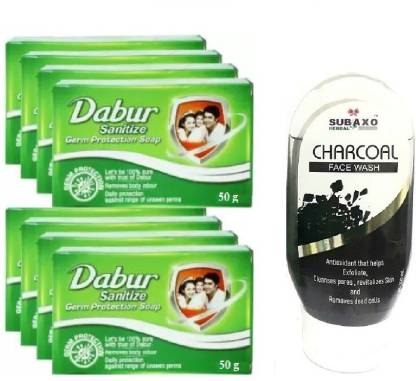 Dabur SANITIZE SOAP 8 PC EACH 50G AND SUBAXO HERBAL CHARCOAL FACE WASH 100 ML  (9 Items in the set)