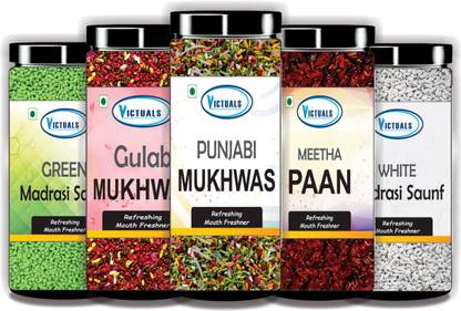 Victuals Combo Pack Of Mukhwas Gulab Mukhwas | Punjabi Mukhwas | Calcutta Meetha Paan Gulab Mukhwas, Punjabi Mukhwas, Meetha Paan, White Madrasi Saunf, Green Madrasi Saunf Mouth Freshener  (5 x 200 g)