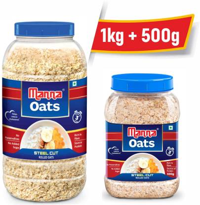 Manna Oats – 1.5kg (1kg x 1 Jar and 0.5kg x 1 Jar) | Gluten Free Steel Cut Rolled Oats | High in Fibre & Protein | 100% Natural | Helps Maintain Cholesterol. Good