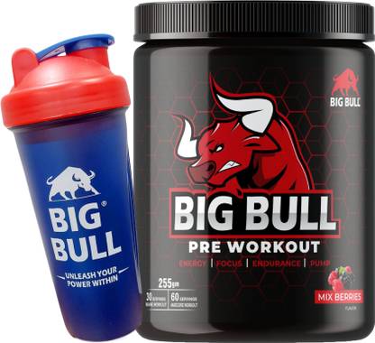 Big Bull BigBull Hardcore Pre-Workout [30-60 Serving, 255g] Free Shaker Nutrition Drink  (255 g, Mix Berries Flavored)