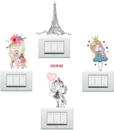 newlovelifecreations 9 cm Cute girl and tower switch wall sticker Self Adhesive Sticker