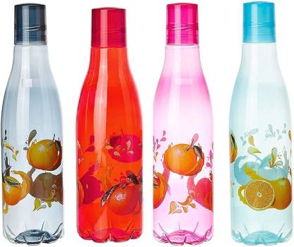 StepEarly Plastic Printed Fridge Water Bottle, 1000ml, Set Of 4, Multicolour 1000 ml Bottle