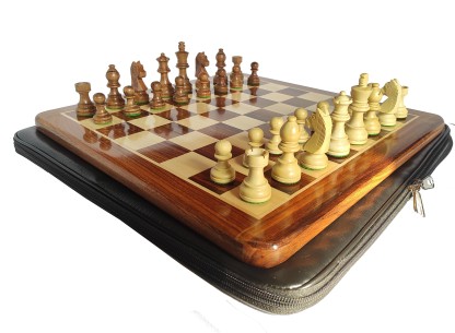13"x13" Ebony Wood Flat Chess Board With Magnetic Chess Pieces With Leather Bag. 