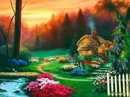 sunsets house nature digital painting cottage HD wallpaper on Art Paper  Fine Art Print - Art & Paintings posters in India - Buy art, film, design,  movie, music, nature and educational paintings/wallpapers