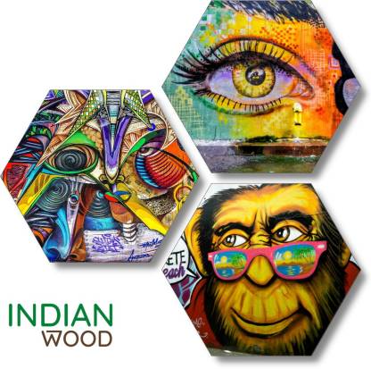 indian wood Color Funny Face Art Modern Art Set of 3 Hexagon Wall Decor  Digital Reprint 17 inch x 17 inch Painting Price in India - Buy indian wood  Color Funny Face
