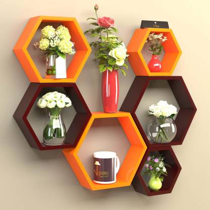 Onlineshoppee Set Of 6 Hexagon shape Designer Storage Shelves - Orange & Brown Wooden Wall Shelf