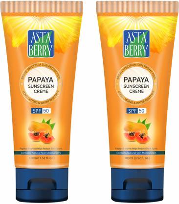 ASTABERRY Papaya Sunscreen Crème SPF 50 100ml, Pack 2, (2 x 100ml) – SPF 50  (200 ml)