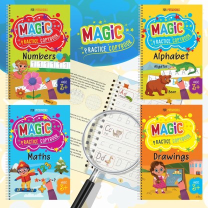4 Pcs Reusable Magic Writing Paste for Children Toddlers AOMI Magic Writing Board for Kids Be Reused Handwriting Copybook Set Magic Calligraphy Tracing Book for Kid Letter Writing with a Pen 