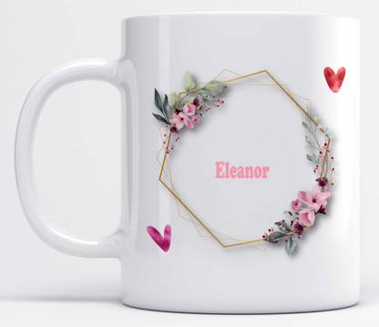 Name Eleanor Printed Floral and Hearts Design Ceramic Coffee Mug