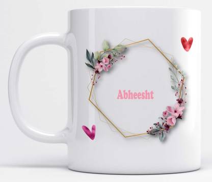 Name Abheesht Printed Floral and Hearts Design Ceramic Coffee Mug