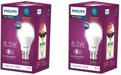 PHILIPS 8.5W B22 LED Bulb White, Pack of 2 8.5 W Round B22 LED Bulb