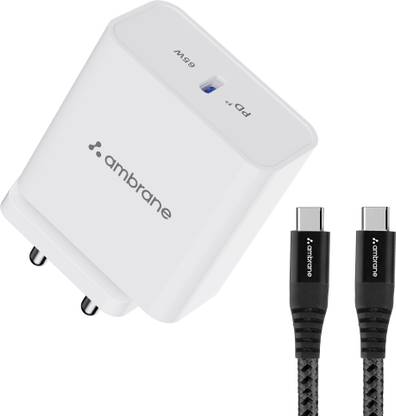 Ambrane 65W GaN All-in-One Charger combo, USB -C, compatible with All Phones, laptops, Gaming Devices (Type C to C Cable Included)  (White, Cable Included)