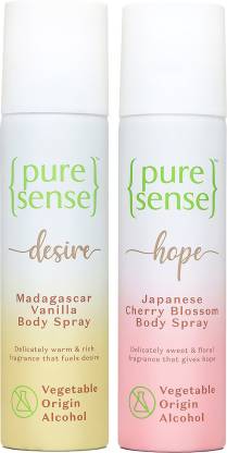 PureSense Body Spray Combo Japanese Cherry Blossom+ Madagascar Vanilla Long Lasting No Gas Deodorant Spray  –  For Men & Women  (300 ml, Pack of 2)