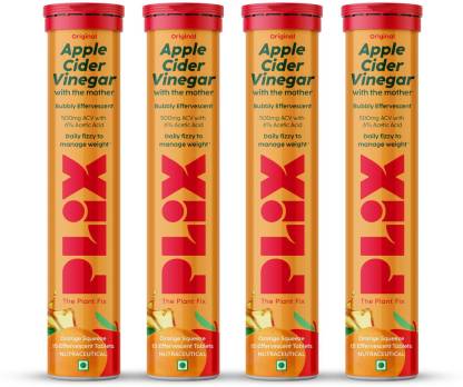 PLIX - THE PLANT FIX Apple Cider Vinegar 15 Effervescent Tablet with mother for weight loss- Vitamin B6 & B12 Orange Squeeze- 60Tablets- Pack of 4