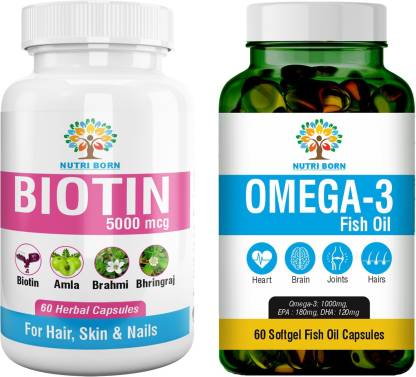 nutriborn Biotin for Hair & Beard Growth & Omega 3 Fish Oil 1000Mg, EPA  180MG & DHA 120MG Price in India - Buy nutriborn Biotin for Hair & Beard  Growth & Omega