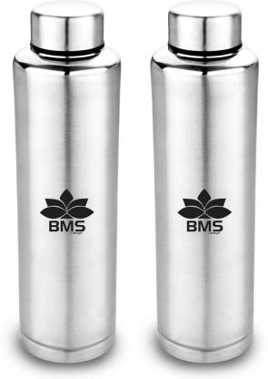 BMS Lifestyle Stainless steel Wide Mouth Non-Insulated Leak-Proof Single Walled Fridge 1000 ml Bottle  (Pack of 2, Silver, Steel)