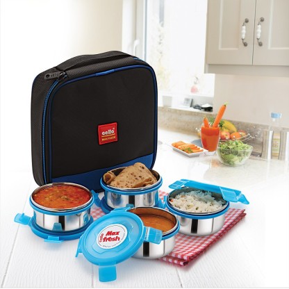 300ML,Set Of 4 Details about   Cello Max Fresh Supremo Stainless Steel Red Round Lunch Box Set 