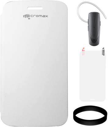 DMG Flip Cover for Micromax A115 Canvas 3D (White) with Samsung HM1100 Bluetooth and Screen Guard and Wristband Accessory Combo