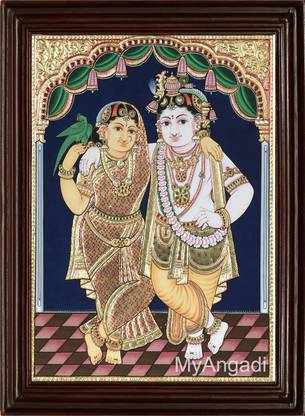 Myangadi Krishna With Bama And Rukmani Tanjore Painting Canvas 16 Inch X 20 Inch Painting Price In India Buy Myangadi Krishna With Bama And Rukmani Tanjore Painting Canvas 16 Inch X