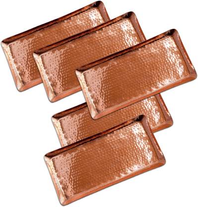 Dungri India Craft Set of 5, 100% Copper Serving BAR TRAY, (L -17 " X Dia- 8.5")/Plate /Serving Tray/ Barware Tray Glass Tray Serving Set
