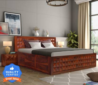 Wakeup India Pluto Sheesham Bed with Storage Rosewood Bedroom Double ...