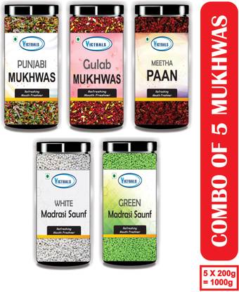 Victuals Mukhwas COMBO PACK OF 5 | 1Kg Mouthfreshner | After meal Mouthfreshner | Gulab Mukhwas, Punjabi Mukhwas, Meetha Paan, White Madrasi Saunf, Green Madrasi Saunf Mouth Freshener  (5 x 200 g)